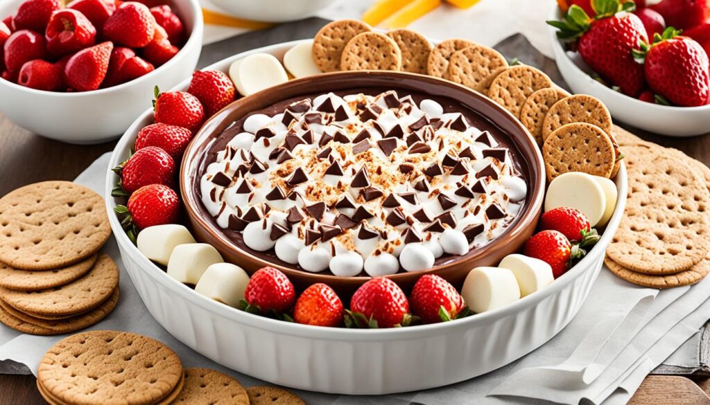 Indoor Smores Dip with Graham Crackers, Vanilla Wafers, Strawberries, Apple Slices, Oreo Cookies, Chocolate Wafer Cookies, Gingersnaps, and Pretzels