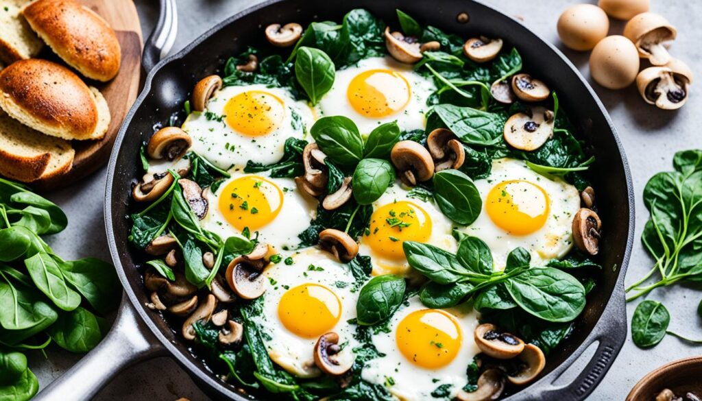 breakfast skillet baked eggs spinach mushrooms image