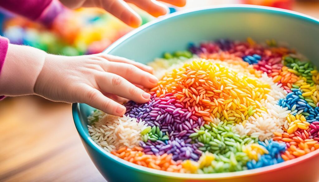 sensory play with rainbow rice
