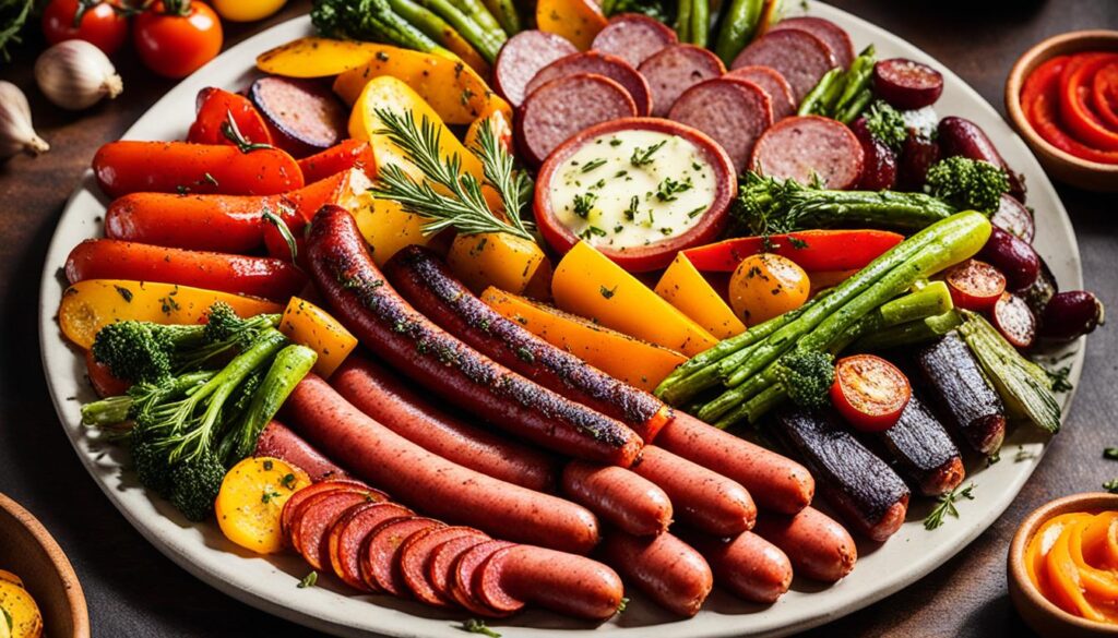 smoked sausage and roasted vegetables